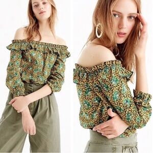 J. Crew Ratti Safari novelty elephant print
Off the Shoulder top ruffle